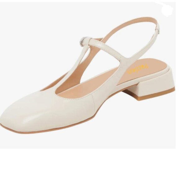 Pazzion White Stylish Low Chunky Heel Slingback T-Strap Buckle Square Toe Pumps - Picture 1 of 8